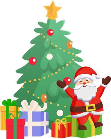 Santa Sitting on Gift Box near Fir-tree Vector  イラスト