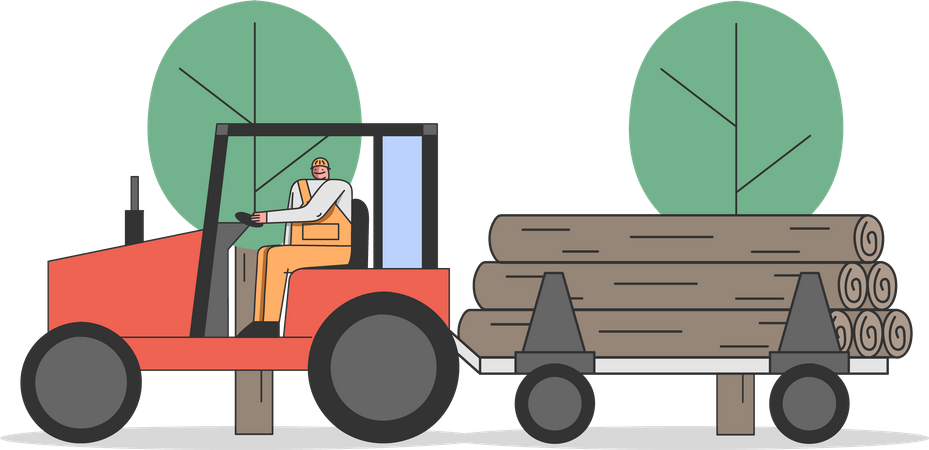 Sawmill Worker Carries Huge Logs On Tractors  Illustration