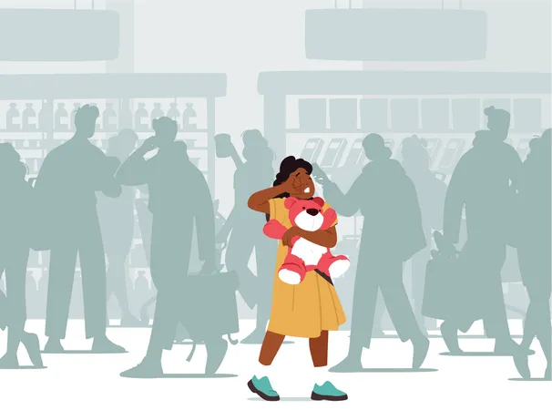 Scared Baby Girl With Teddy Bear Crying And Searching Mother Among Crowd Of People  Illustration