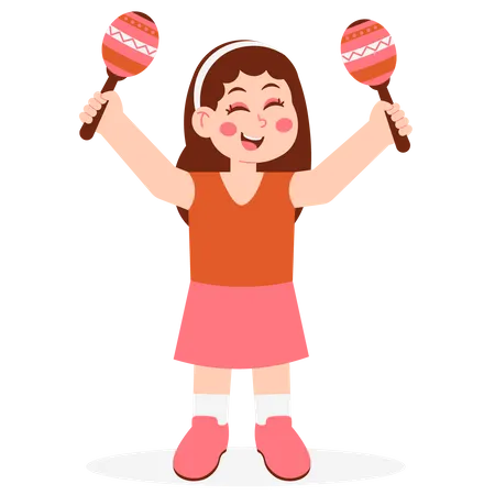 School Girl Playing Maracas Musical Instrument  イラスト