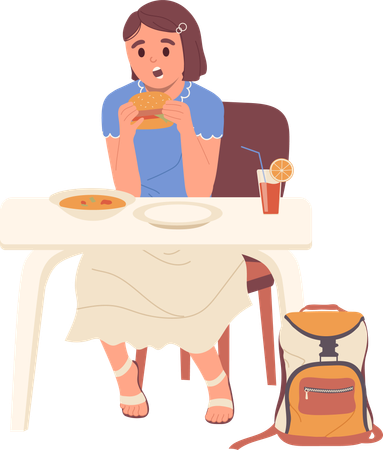 School girl refusing soup healthy food choosing burger unhealthy snack  Illustration