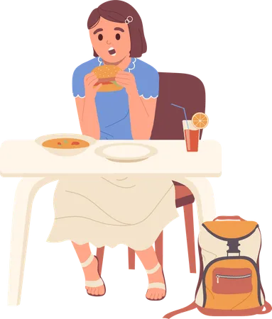 School girl refusing soup healthy food choosing burger unhealthy snack  Illustration