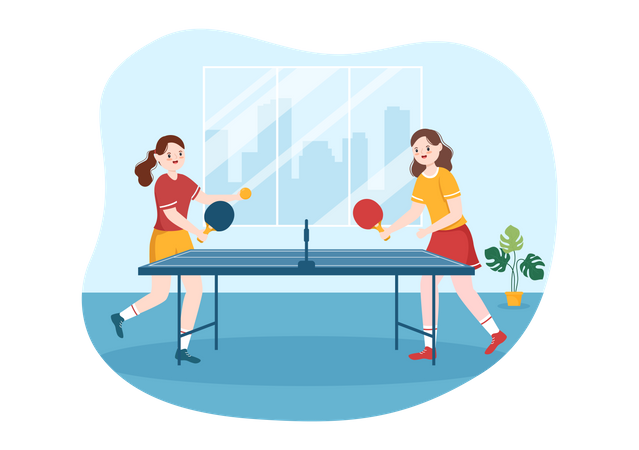 School girls Playing Table Tennis  일러스트레이션