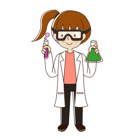 Femme scientifique avec des lunettes et un bécher de produits chimiques  Illustration