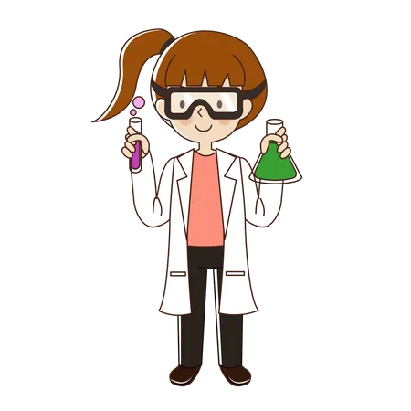 Femme scientifique avec des lunettes et un bécher de produits chimiques  Illustration