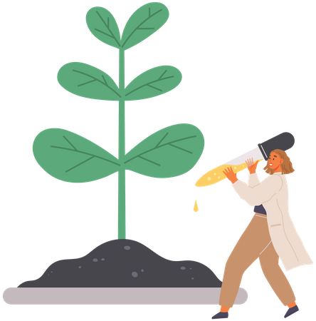 Scientist Dropping Chemical On Plant  Illustration