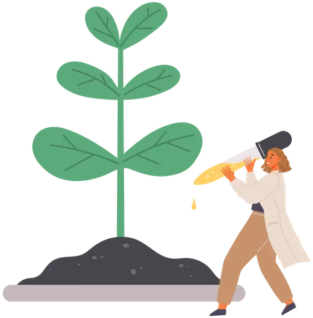 Scientist Dropping Chemical On Plant  Illustration