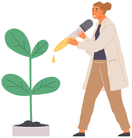 Scientist Dropping Chemical On Plant  Illustration