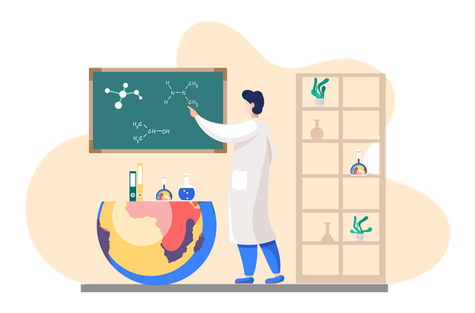 Scientist explains formulas. Chemical researcher with investigations. Science experiment in lab  Illustration