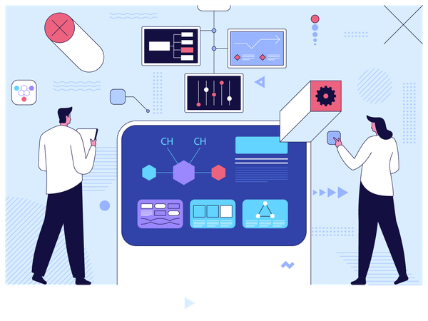 Scientist using smart dashboard to create chemical formula  Illustration