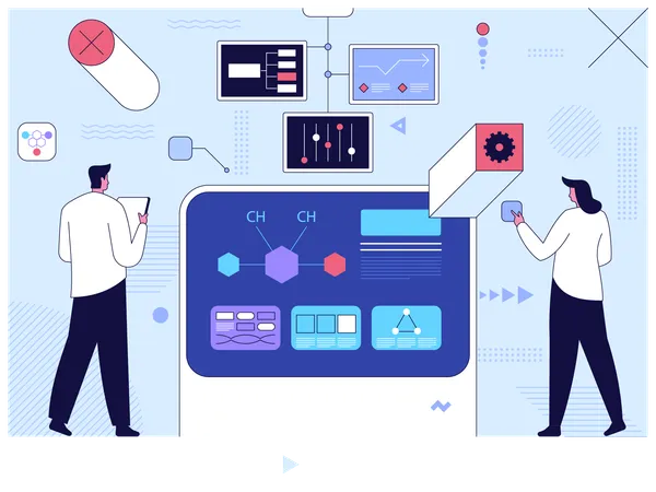 Scientist using smart dashboard to create chemical formula  Illustration