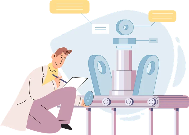 科学者が産業用コンベアで作業  イラスト