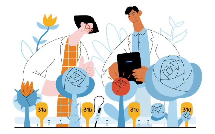 Scientists analysing genetic modificated variants of a plant  Illustration