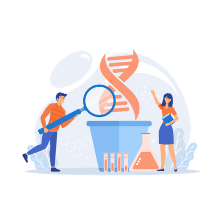 Scientists with magnifier looking at huge DNA in the pot  Illustration