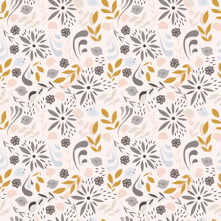 Seamless pattern design with little flowers, floral elements, birds  Illustration