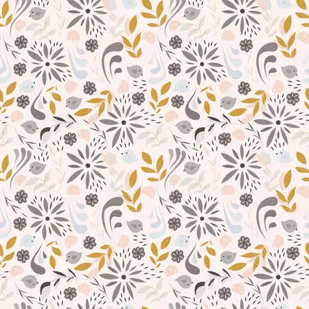 Seamless pattern design with little flowers, floral elements, birds  Illustration