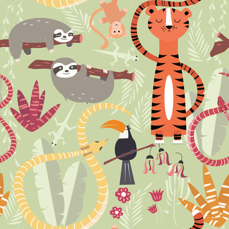 Seamless pattern with cute rain forest animals, tiger, snake, sloth  Illustration