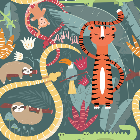 Seamless pattern with cute rain forest animals, tiger, snake, sloth  Illustration