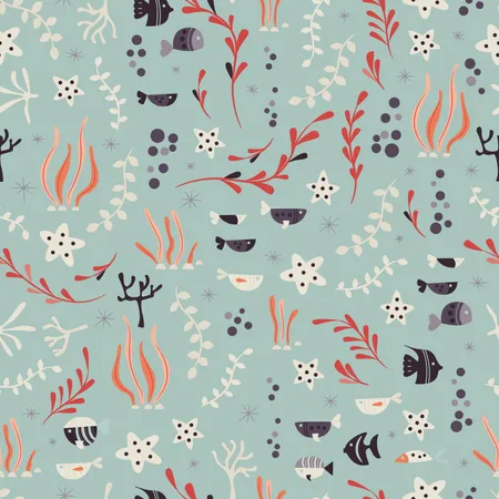 Seamless pattern with underwater ocean animals, cute fish and plants  Illustration