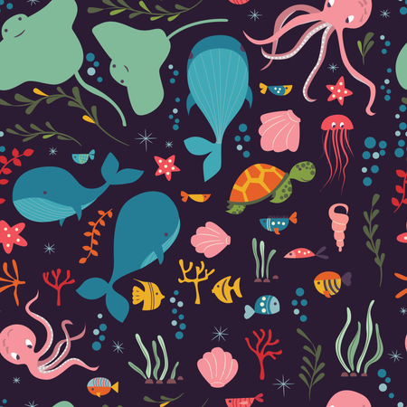 Seamless pattern with underwater ocean animals, whale, octopus, stingray, jellyfish  Illustration