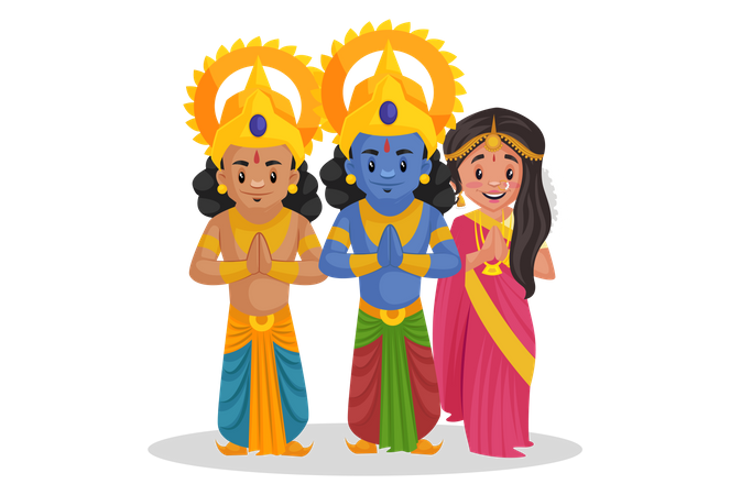 Lord Ram com Lakshmana e Deusas Sita em pose de saudação indiana  Ilustração