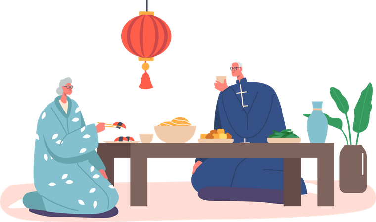 Senior Asian Male and Female Having Dinner at Home  Illustration