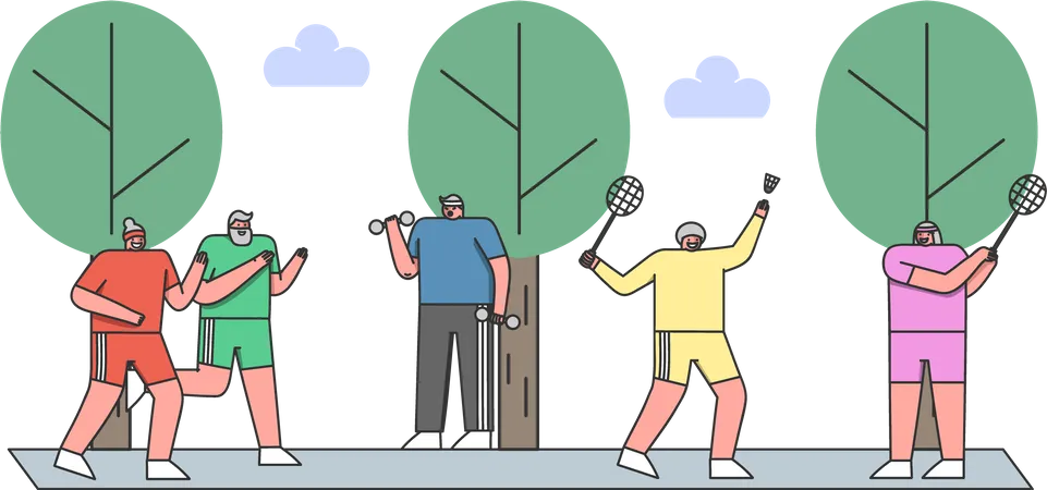 Senior citizens doing physical activities in the park  イラスト