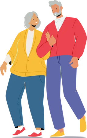 Senior Couple Holding Hands Walk Together  Illustration