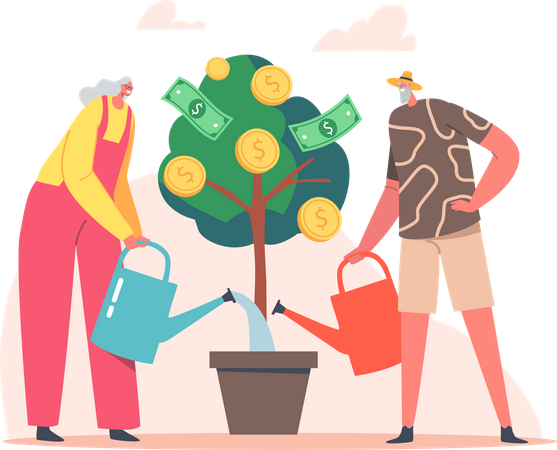 Senior Couple Watering Money Tree  Illustration