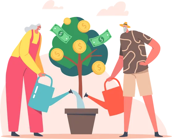 Senior Couple Watering Money Tree  Illustration