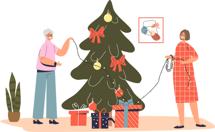 Senior lady grandmother decorating christmas tree together with granddaughter  イラスト