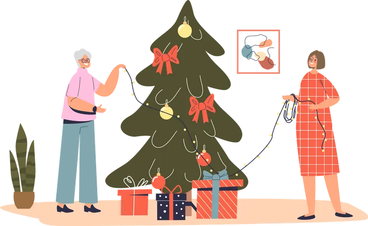 Senior lady grandmother decorating christmas tree together with granddaughter  イラスト