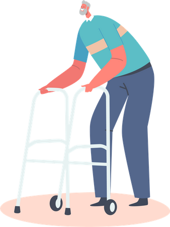 Senior Man Moving with Help of Front-wheeled Walker  Illustration