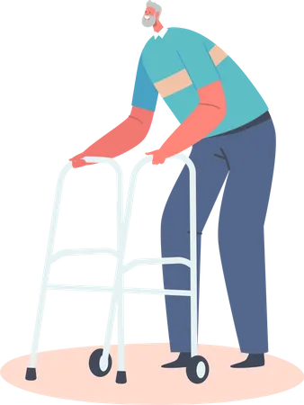 Senior Man Moving with Help of Front-wheeled Walker  Illustration