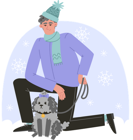 Senior man walking his dog in winter  イラスト