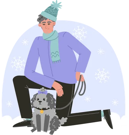 Senior man walking his dog in winter  イラスト