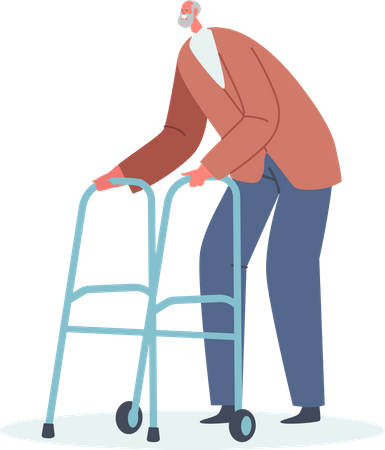 Senior Man Walking with Help of Front-wheeled Walker  Illustration