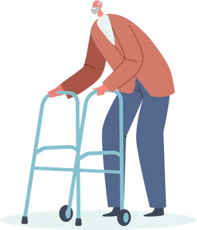 Senior Man Walking with Help of Front-wheeled Walker  Illustration