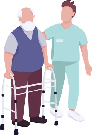 Senior man with walker and volunteer  Illustration