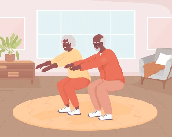 Seniors doing squats at home  Illustration