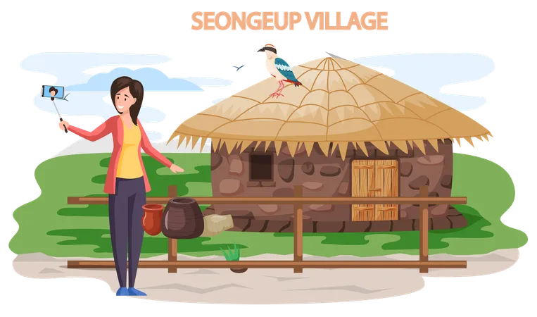 Seongeup village famous landmark of Jeju Island in south Korea  Illustration