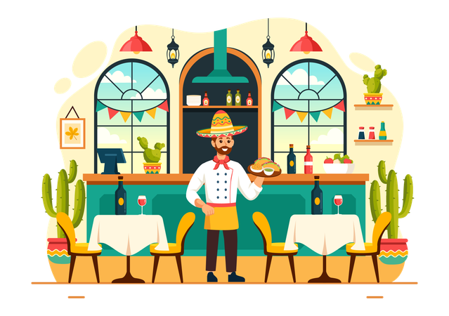 Serveur servant de la nourriture mexicaine au restaurant  Illustration