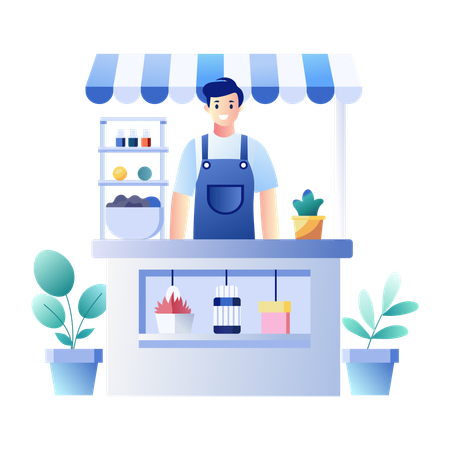 Shopkeeper standing at food stall  Illustration