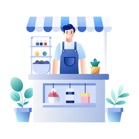 Shopkeeper standing at food stall  Illustration