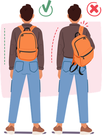 Showing correct and wrong pose while hanging bag on shoulders  Illustration