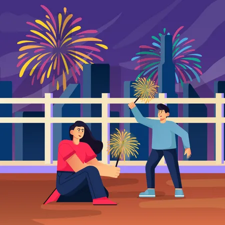 Siblings lighting firecrackers and celebrating new year  Illustration