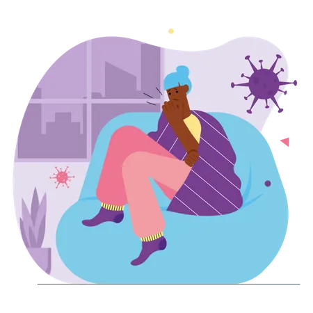 Sick girl with high fever coughs and stays at home  Illustration