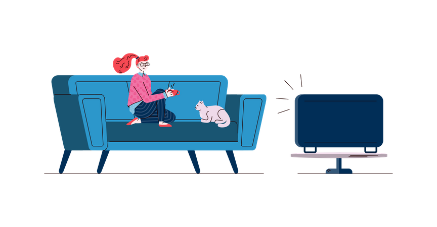 Single young woman with cat resting at home after work day and watching TV  Illustration