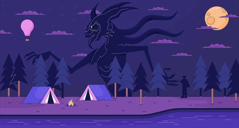 Camping en un bosque espeluznante  Ilustración