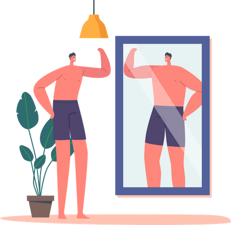 Skinny Man Look At Mirror Reflection And Dreaming To Be Strong  Illustration